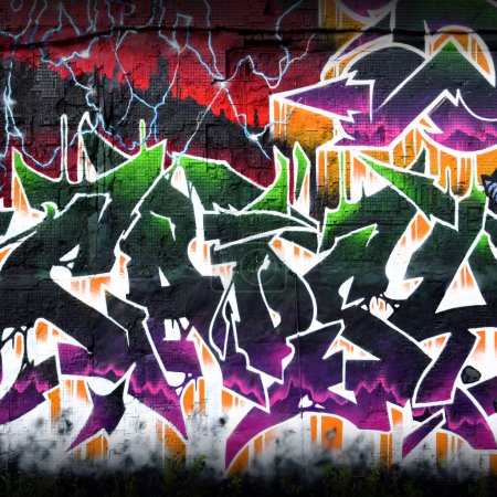 Photo for Colorful background of graffiti painting artwork with bright aerosol strips on metal wall. Old school street art piece made with aerosol spray paint cans. Contemporary youth culture backdrop - Royalty Free Image