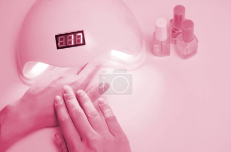 Photo for Hands of young woman at manicure procedure close up on pastel pink background. Woman Nail Polish process. Image toned in Viva Magenta, color of the 2023 year - Royalty Free Image