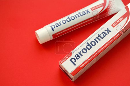 Photo for KYIV, UKRAINE - MAY 4, 2022 Package of Parodontax toothpaste on bright background close up - Royalty Free Image