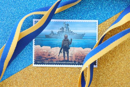 Photo for KYIV, UKRAINE - MAY 4, 2022 Famous ukrainian souvenir with appearance of post mark with russian warship and ukrainian soldier - Royalty Free Image
