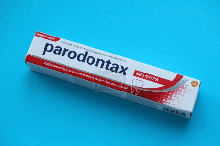 Photo for KYIV, UKRAINE - MAY 4, 2022 Package of Parodontax toothpaste on bright background close up - Royalty Free Image