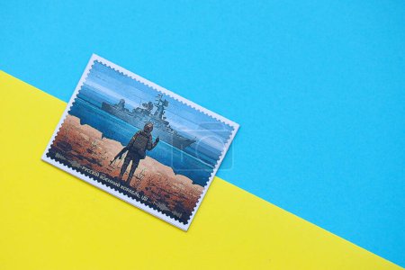 Photo for KYIV, UKRAINE - MAY 4, 2022 Famous ukrainian souvenir with appearance of post mark with russian warship and ukrainian soldier - Royalty Free Image