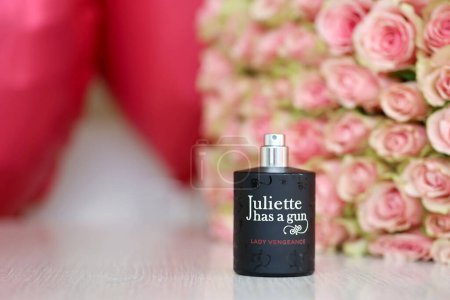 Photo for KHARKIV, UKRAINE - JANUARY 2, 2021 Bottle of Lady Vengeance perfume Juliette has a gun released in 2007 by Francis Kurkdjian, French perfumer and businessman of Armenian descent - Royalty Free Image