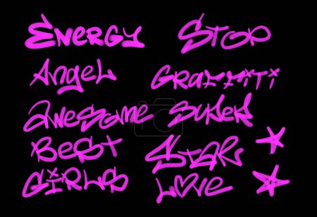Foto de Colección de etiquetas de graffiti street art con palabras y símbolos en color rosa sobre fondo negro - Imagen libre de derechos
