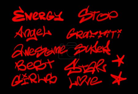 Foto de Colección de etiquetas de graffiti street art con palabras y símbolos en color rojo sobre fondo negro - Imagen libre de derechos
