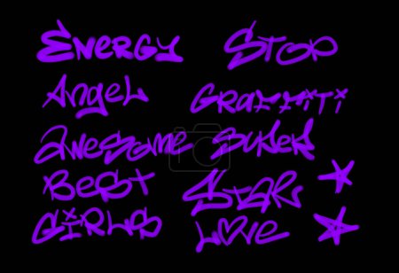 Foto de Colección de etiquetas de graffiti street art con palabras y símbolos en color violeta sobre fondo negro - Imagen libre de derechos