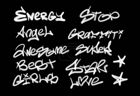 Foto de Colección de etiquetas de graffiti street art con palabras y símbolos en color blanco sobre fondo negro - Imagen libre de derechos
