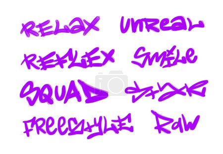 Foto de Colección de etiquetas de graffiti street art con palabras y símbolos en color violeta sobre fondo blanco - Imagen libre de derechos