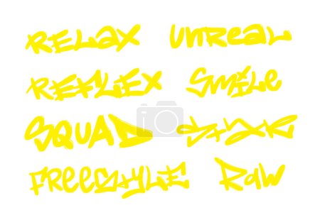 Foto de Colección de etiquetas de graffiti street art con palabras y símbolos en color amarillo sobre fondo blanco - Imagen libre de derechos