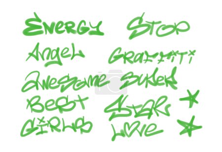 Foto de Colección de etiquetas de graffiti street art con palabras y símbolos en color verde sobre fondo blanco - Imagen libre de derechos