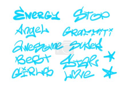 Foto de Colección de etiquetas de graffiti street art con palabras y símbolos en color azul claro sobre fondo blanco - Imagen libre de derechos