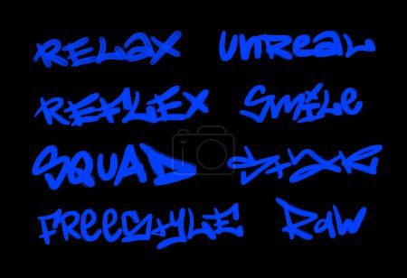 Foto de Colección de etiquetas de graffiti street art con palabras y símbolos en color azul sobre fondo negro - Imagen libre de derechos