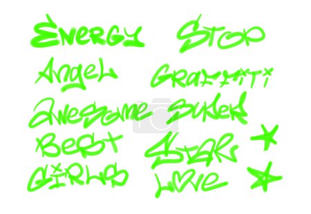 Foto de Colección de etiquetas de graffiti street art con palabras y símbolos en color verde claro sobre fondo blanco - Imagen libre de derechos