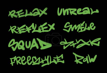 Foto de Colección de etiquetas de graffiti street art con palabras y símbolos en color verde sobre fondo negro - Imagen libre de derechos