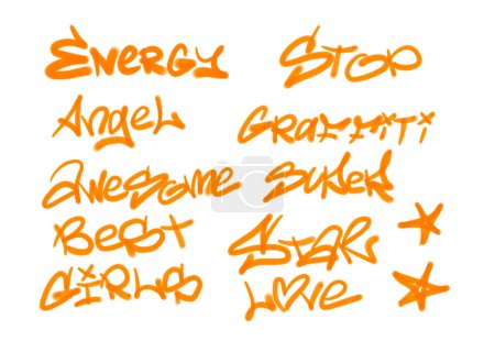 Foto de Colección de etiquetas de graffiti street art con palabras y símbolos en color naranja sobre fondo blanco - Imagen libre de derechos