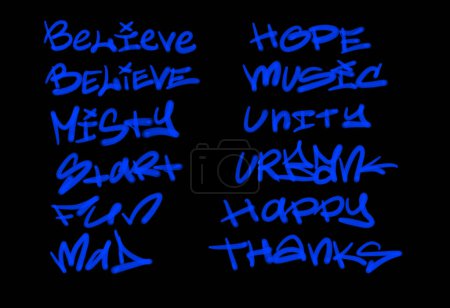 Collection of graffiti street art tags with words and symbols in blue color on black background