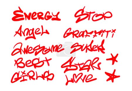 Foto de Colección de etiquetas de graffiti street art con palabras y símbolos en color rojo sobre fondo blanco - Imagen libre de derechos