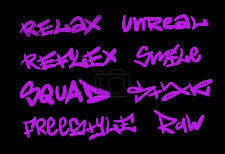 Foto de Colección de etiquetas de graffiti street art con palabras y símbolos en color púrpura sobre fondo negro - Imagen libre de derechos