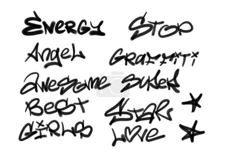 Foto de Colección de etiquetas de graffiti street art con palabras y símbolos en color negro sobre fondo blanco - Imagen libre de derechos
