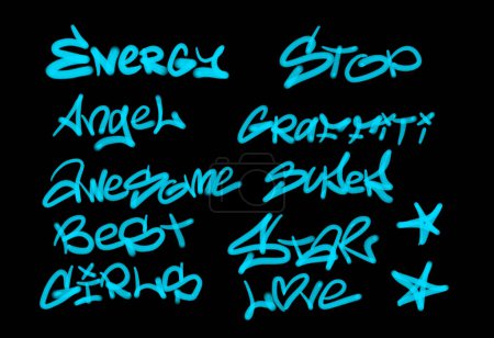 Foto de Colección de etiquetas de graffiti street art con palabras y símbolos en color azul claro sobre fondo negro - Imagen libre de derechos