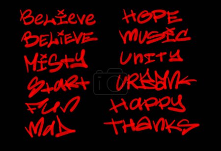 Sammlung von Graffiti-Street-Art-Tags mit Worten und Symbolen in roter Farbe auf schwarzem Hintergrund