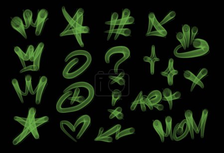 Foto de Colección de etiquetas de graffiti street art con palabras y símbolos en color verde sobre fondo negro - Imagen libre de derechos