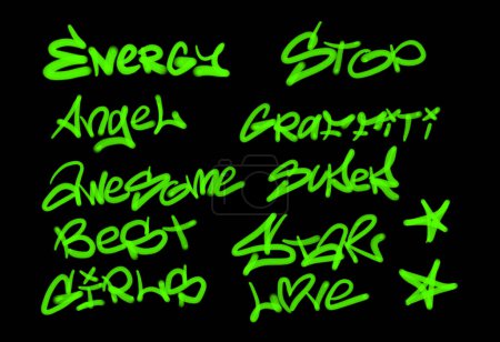Foto de Colección de etiquetas de graffiti street art con palabras y símbolos en color verde claro sobre fondo negro - Imagen libre de derechos