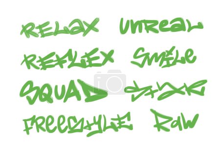 Foto de Colección de etiquetas de graffiti street art con palabras y símbolos en color verde sobre fondo blanco - Imagen libre de derechos