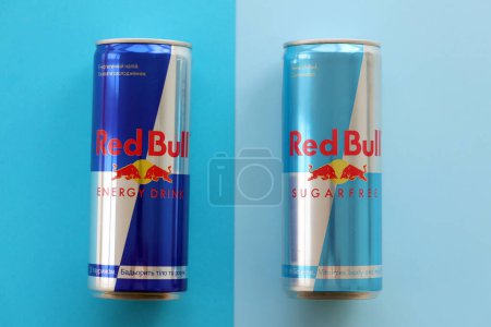 Photo for TERNOPIL, UKRAINE - JULY 7, 2023 Red Bull energy drink aluminium tin can with original design close up - Royalty Free Image