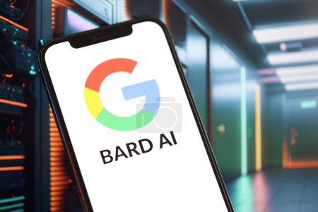 Photo for KYIV, UKRAINE - MARCH 17, 2024 Google Bard logo on iPhone display screen with background of artificial intelligence futuristic ai generated image close up - Royalty Free Image