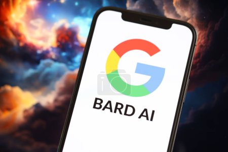 Photo for KYIV, UKRAINE - MARCH 17, 2024 Google Bard logo on iPhone display screen with background of artificial intelligence futuristic ai generated image close up - Royalty Free Image