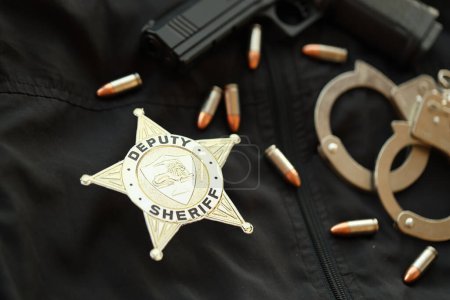 Foto de KYIV, UCRANIA - 9 DE MARZO DE 2024 Insignia del sheriff adjunto en uniforme de chaqueta negra con pistola, balas y esposas de cerca - Imagen libre de derechos