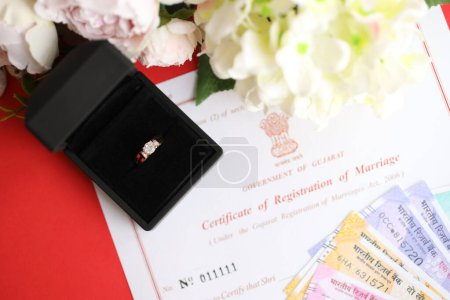 Indische Bescheinigung über die Registrierung der Ehe Blanko-Dokument und Ehering mit Rupiah Geld auf dem Tisch in Großaufnahme