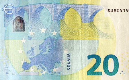 Photo for Fragment of one twenty euro money bill. Details of European union currency banknote of 20 euro close up - Royalty Free Image
