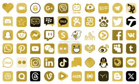 Téléchargez les photos : KYIV, UKRAINE - 1er AVRIL 2024 De nombreuses icônes des médias sociaux, messagers, plateformes de partage vidéo et autres services populaires et sites Web imprimés sur papier blanc en couleur marron - en image libre de droit