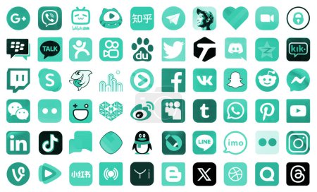 Téléchargez les photos : KYIV, UKRAINE - 1er AVRIL 2024 De nombreuses icônes des médias sociaux, messagers, plateformes de partage vidéo et autres services populaires et sites Web imprimés sur papier blanc en couleur turquoise - en image libre de droit