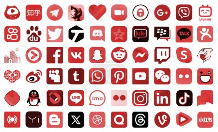 Photo for KYIV, UKRAINE - APRIL 1, 2024 Many icons of social media, messengers, video sharing platforms and other popular services and websites printed on white paper in red color - Royalty Free Image