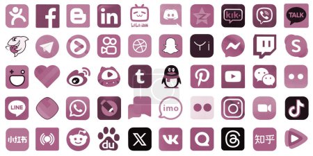 Photo for KYIV, UKRAINE - APRIL 1, 2024 Many icons of popular social media, messengers, video sharing platforms and other smartphone services printed on white paper in pink color - Royalty Free Image