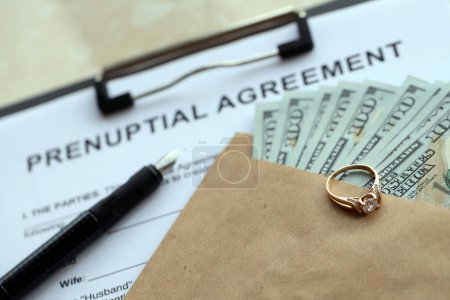 Ehevertrag und Ehering auf dem Tisch. Vorehelicher Papierkrieg in den USA hautnah