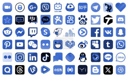 Photo for KYIV, UKRAINE - APRIL 1, 2024 Many icons of social media, messengers, video sharing platforms and other popular services and websites printed on white paper in blue color - Royalty Free Image