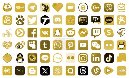 Photo for KYIV, UKRAINE - APRIL 1, 2024 Many icons of social media, messengers, video sharing platforms and other popular services and websites printed on white paper in brown color - Royalty Free Image