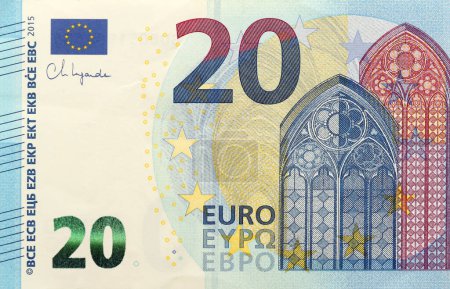 Téléchargez les photos : Fragment d'un billet de vingt euros. Détails du billet de 20 euros en monnaie de l'Union européenne close up - en image libre de droit