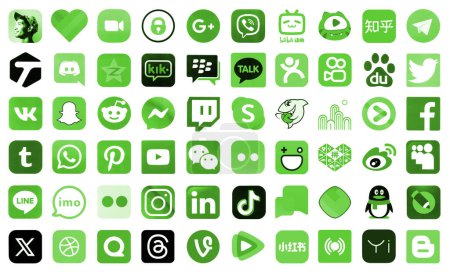 Photo for KYIV, UKRAINE - APRIL 1, 2024 Many icons of social media, messengers, video sharing platforms and other popular services and websites printed on white paper in green color - Royalty Free Image