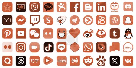 Téléchargez les photos : KYIV, UKRAINE - 1er AVRIL 2024 De nombreuses icônes des médias sociaux populaires, messagers, plates-formes de partage vidéo et autres services smartphone imprimés sur papier blanc en couleur rouge - en image libre de droit