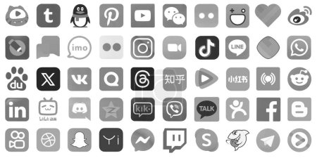 Photo for KYIV, UKRAINE - APRIL 1, 2024 Many icons of popular social media, messengers, video sharing platforms and other smartphone services printed on white paper in grey color - Royalty Free Image