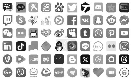 Photo for KYIV, UKRAINE - APRIL 1, 2024 Many icons of social media, messengers, video sharing platforms and other popular services and websites printed on white paper in gray color - Royalty Free Image