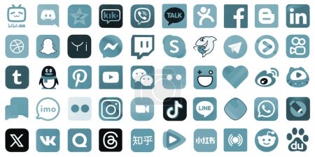 Foto de KYIV, UCRANIA - 1 DE ABRIL DE 2024 Muchos iconos de las redes sociales populares, mensajeros, plataformas para compartir videos y otros servicios de teléfonos inteligentes impresos en papel blanco en color azul - Imagen libre de derechos