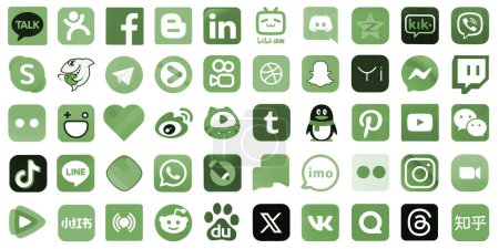Photo for KYIV, UKRAINE - APRIL 1, 2024 Many icons of popular social media, messengers, video sharing platforms and other smartphone services printed on white paper in green color - Royalty Free Image