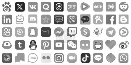Photo for KYIV, UKRAINE - APRIL 1, 2024 Many icons of popular social media, messengers, video sharing platforms and other smartphone services printed on white paper in grey color - Royalty Free Image