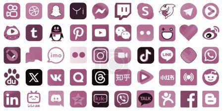Téléchargez les photos : KYIV, UKRAINE - 1 AVRIL 2024 De nombreuses icônes des médias sociaux populaires, messagers, plates-formes de partage vidéo et autres services de smartphones imprimés sur papier blanc en couleur rose - en image libre de droit